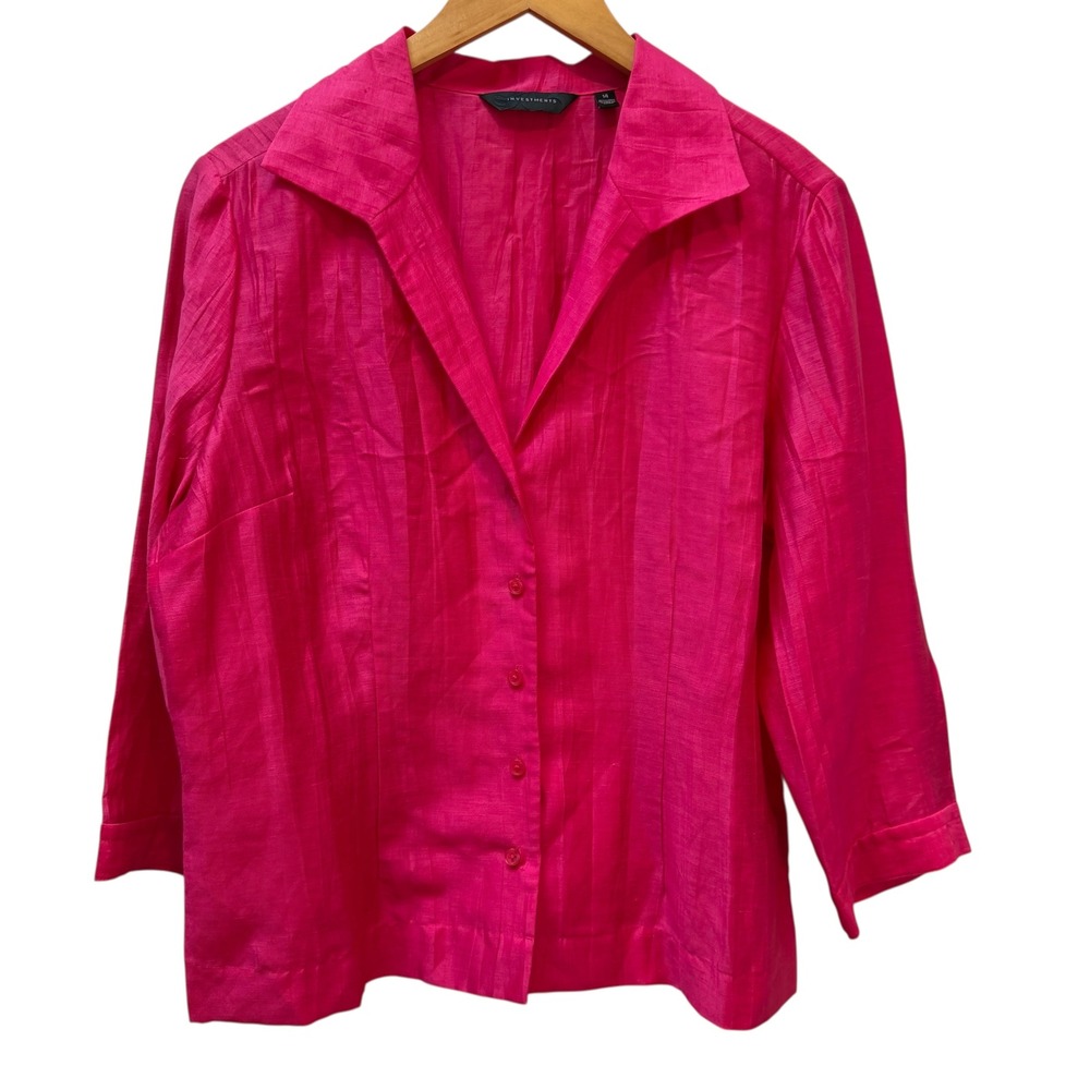 Investments Womens Fuchsia Pink Linen Blend‎ Textured Crinkle Blouse Size 14